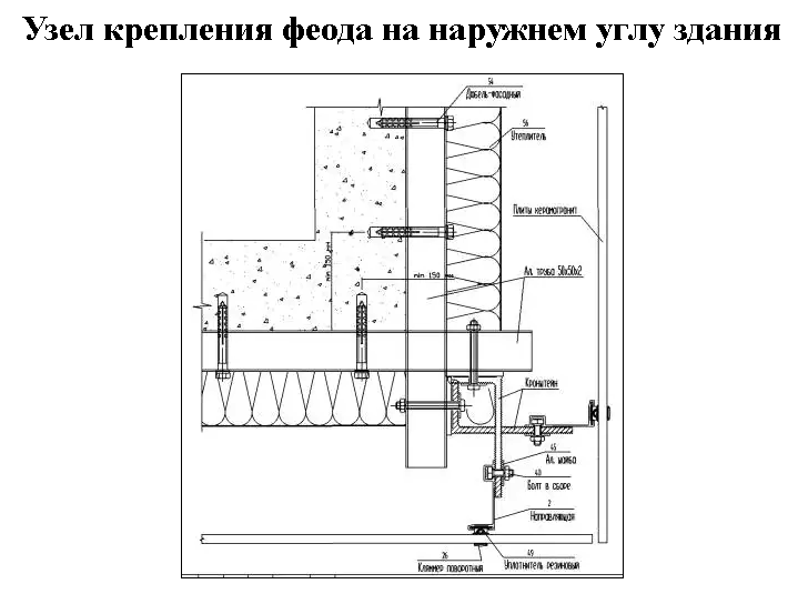 Узел крепления феода на наружном углу здания